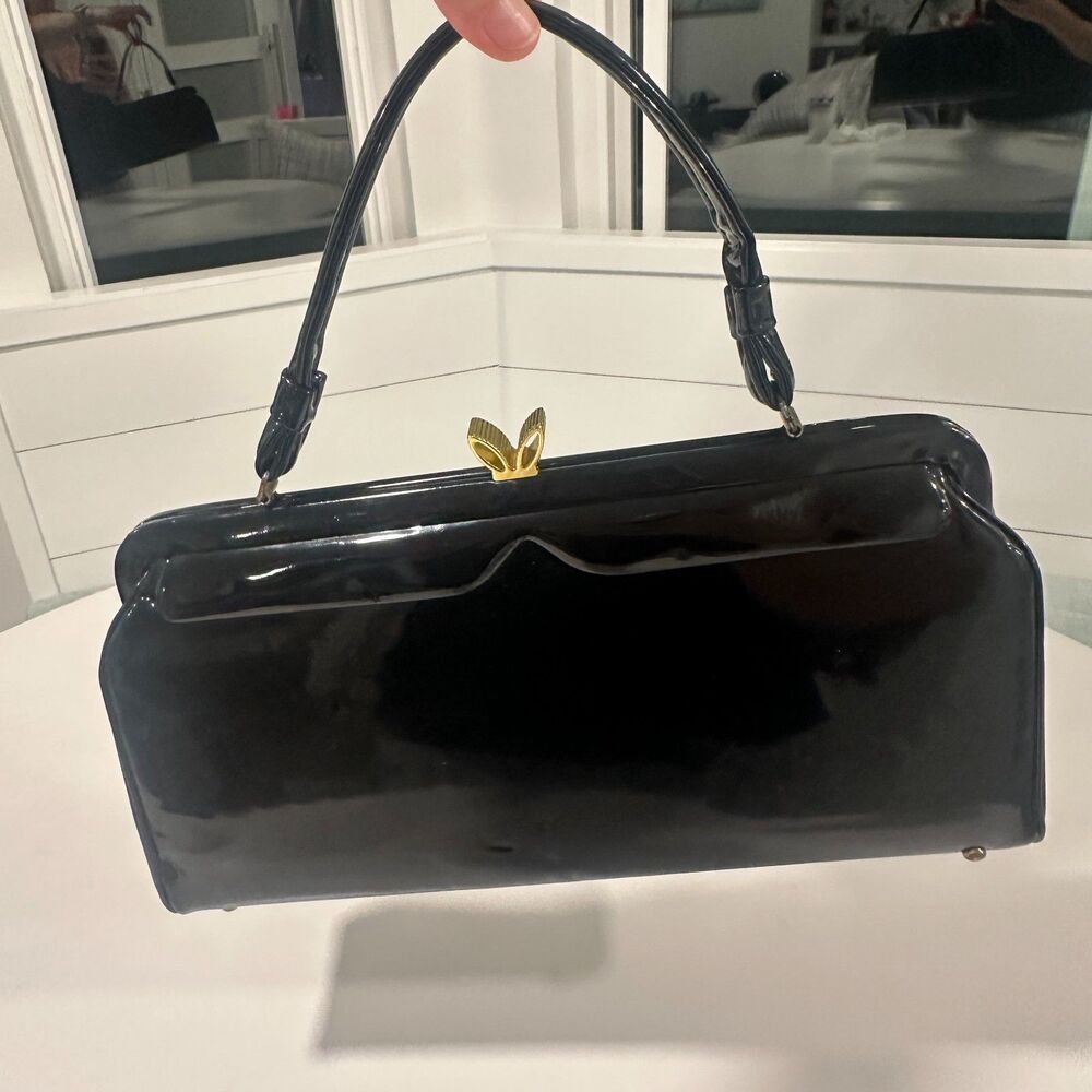 Vintage 1960s Delicato by Markay Black Patent Box Purse Gold Clasp - Small